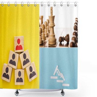 Personality  Collage Of Wooden Cubes With Painted Men, Paper Man On Stairs And King With Pawns On Chessboard On Yellow, Blue And White Shower Curtains