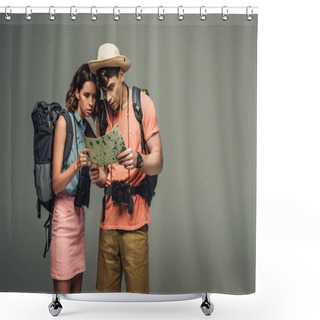 Personality  Two Young Tourists Looking At Geographic Map On Grey Background Shower Curtains