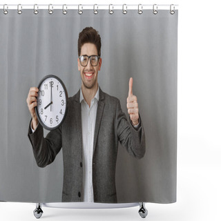 Personality  Portrait Of Smiling Businessman With Clock In Hand Showing Thumb Up On Grey Wall Background Shower Curtains