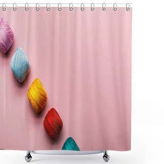 Personality  Top View Of Arranged Colorful Cotton Knitting Yarn Balls On Pink With Copy Space Shower Curtains