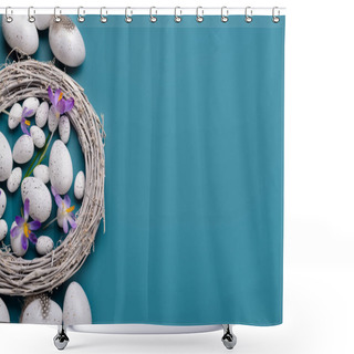 Personality  Wreath With Easter Eggs And Beautiful Crocus Flowers On Blue Background Shower Curtains