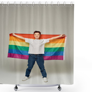 Personality  Full Length Of Redhead Bigender Person In White T-shirt And Jeans Standing With LGBT Flag On Grey Shower Curtains