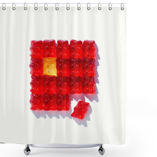 Personality  Top View Of Red Defragmented Rectangle Of Gummy Bears On White Shower Curtains