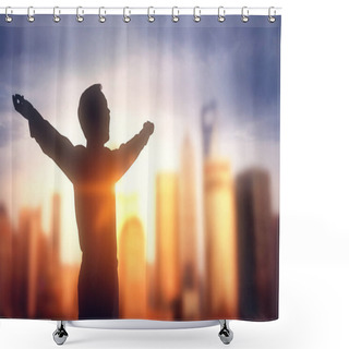 Personality  Businessman Silhouette On Blurry City Background With Sunlight. Success Concept Shower Curtains