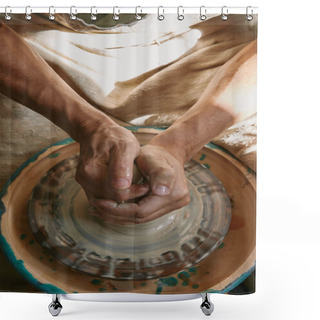 Personality  Partial View Of Professional Potter Working On Pottery Wheel At Workshop Shower Curtains