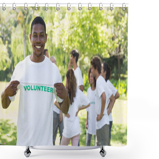Personality  Happy Volunteer Holding Tshirt Shower Curtains