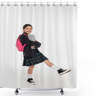 Personality  Joyful Schoolgirl Holding Laptop And Looking At Camera, Girl In School Uniform On White Background Shower Curtains