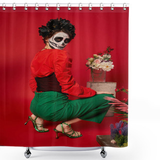 Personality  Woman In Dia De Los Muertos Makeup Looking At Camera Near Traditional Altar With Flowers On Red Shower Curtains