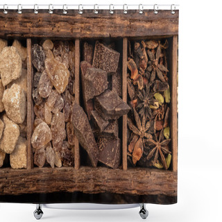 Personality  Close-up Shot Of Wooden Box With Various Spices On Table Shower Curtains