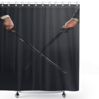 Personality  Cropped Shot Of Businessmen Fighting With Katana Swords Isolated On Black Shower Curtains