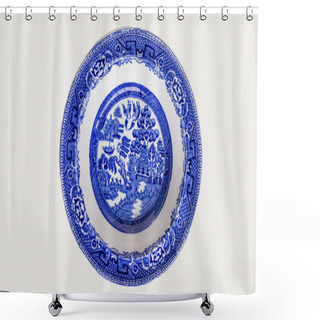 Personality  Old Willow Pattern Blue And White Porcelain Plate Isolated On White Background, Empty Bowl Top View Photo Shower Curtains