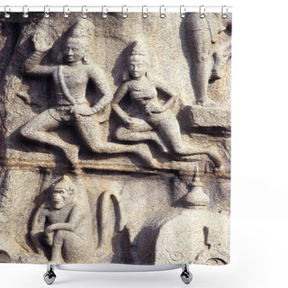 Personality  God And Goddesses Carved On Arjunas Penance In Mahabalipuram Mamallapuram , Tamil Nadu , India Shower Curtains