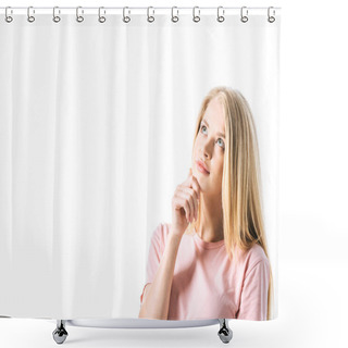 Personality  Dreamy Woman Touching Face While Thinking Isolated On White  Shower Curtains