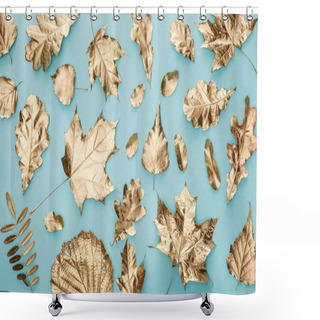 Personality  Top View Of Painted Autumnal Golden Foliage On Blue Background Shower Curtains