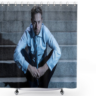 Personality  Young Fired Business Man Lost In Depression Crying Abandoned Sitting On Ground Street Concrete Stairs Suffering Emotional Pain Sadness In Grunge Lighting. Shower Curtains