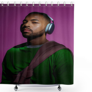 Personality  Good Looking African American Male Model In Green Sweatshirt With Headphones, Fashion Concept Shower Curtains