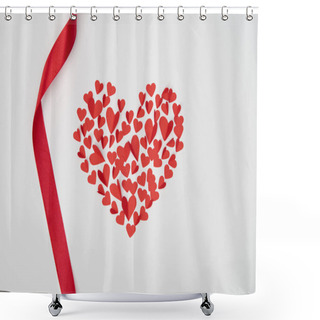 Personality  Heart Shaped Arrangement Of Small Paper Cut Hearts With Wavy Red Ribbon On White Background Shower Curtains