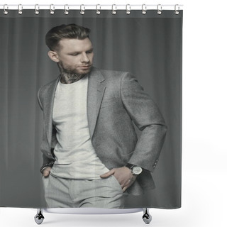 Personality  Handsome Tattooed Businessman In Grey Suit, Isolated On Grey Shower Curtains