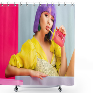 Personality  Beautiful Girl In Purple Wig As Doll Drinking From Jar While Sitting In Blue Box, Isolated On Pink Shower Curtains
