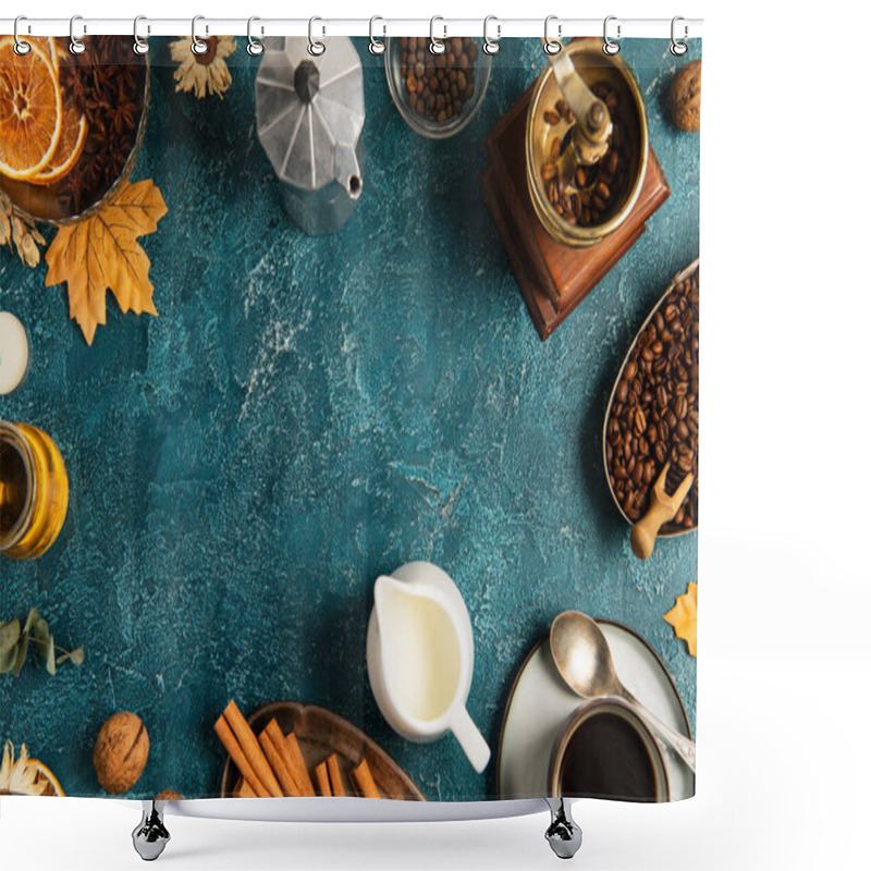Personality  Coffee And Milk Near Brewing Equipment On Blue Rustic Tabletop With Autumnal Decor, Thanksgiving Shower Curtains