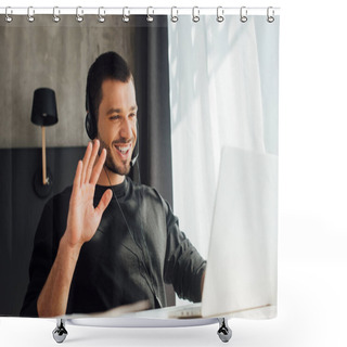 Personality  Selective Focus Of Happy Operator In Headset Waving Hand While Having Video Call At Home Shower Curtains
