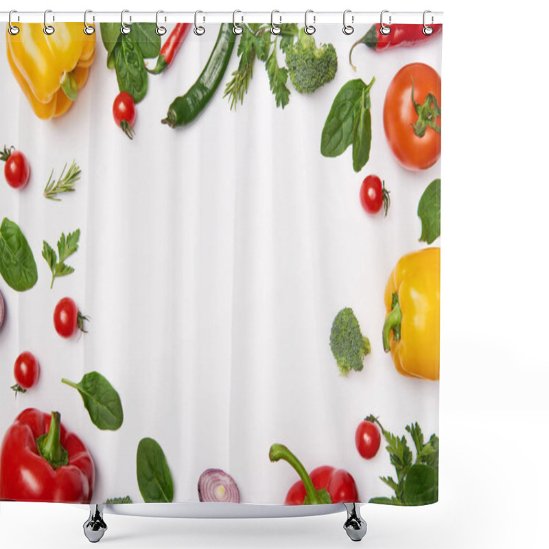 Personality  Flat Lay With Organic Vegetables On White Background Shower Curtains
