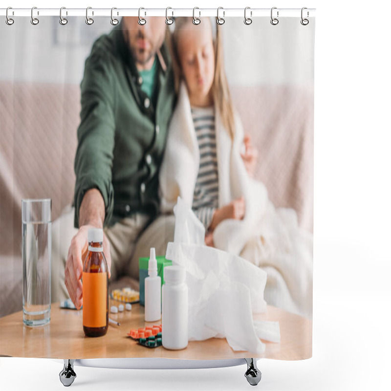 Personality  Selective Focus Of Father Taking Cough Syrup While Sitting Near Diseased Daughter Shower Curtains