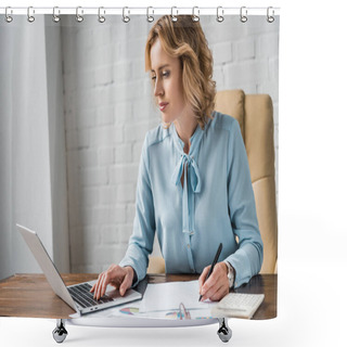 Personality  Beautiful Businesswoman Working With Papers And Laptop In Office   Shower Curtains