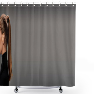 Personality  A Young Womans Ponytail Gracefully Sways, Her Long Hair Catching The Light In A Moment Of Tranquility. Shower Curtains