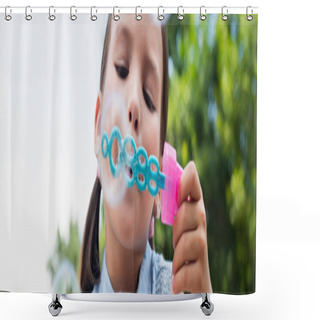 Personality  Close Up View Of Girl Blowing Soap Bubbles Outdoors, Banner Shower Curtains