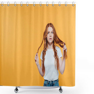Personality  Beautiful Redhead Girl Touching Hair And Looking Away Isolated On Yellow With Copy Space Shower Curtains