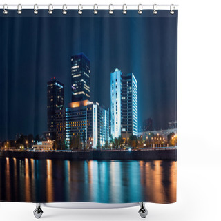 Personality  Night View On Moscow World Trade Center From Bridge With Reflections On Water Shower Curtains