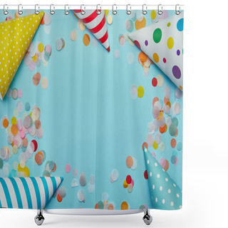 Personality  Top View Of Party Hats And Confetti On Blue Background Shower Curtains