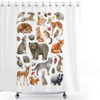 Personality  Forest Animals And Birds Set. Wildlife Collection. Hand Drawn Natural Wild Forest Animals Set. Bear, Fox, Wolf, Rabbit, Squirrel, Deer, Robin Bird, Mushroom, Owl Elements. Heart Shape Nature Poster Shower Curtains