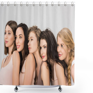 Personality  Pretty Young Women Putting Heads On Shoulders Of Each Other Isolated On Grey  Shower Curtains