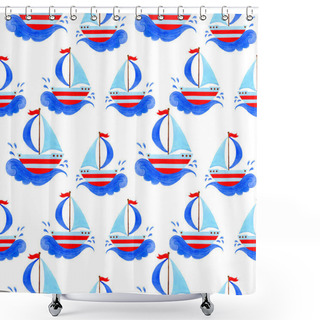Personality  Seamless Pattern Blue And Red Yacht With Sails, Sailing On The Waves.  Shower Curtains