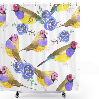 Personality  Red Headed Male Gouldian Finches And Roses Or Erythrura Gouldiae Bird Seamless Watercolor Birds Painting Shower Curtains