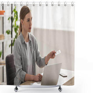 Personality  Attractive Astrologer Holding Card With Zodiac Sin And Using Laptop At Table Shower Curtains