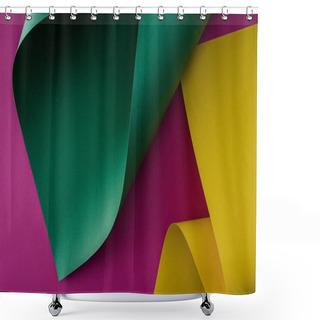 Personality  Green And Yellow Colorful Paper Swirls On Purple Background Shower Curtains