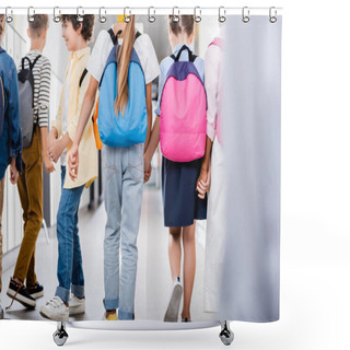 Personality  Back View Of Multiethnic Classmates Holding Hands While Walking Along School Corridor, Selective Focus Shower Curtains