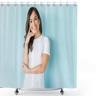 Personality  Smiling Attractive Female Model Posing Against Plain Background Shower Curtains