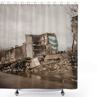 Personality  Borodyanka, Kyiv Region, Ukraine. April 08, 2022: Destroyed Building After Russian Occupation  Shower Curtains