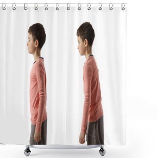 Personality  Little Boy With Proper And Bad Posture On White Background Shower Curtains