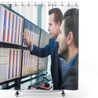Personality  Stock Traders Looking At Computer Screens. Shower Curtains