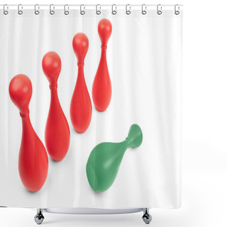 Personality  Green Skittle Lying Down In Front Of Four Red Ones On White Background. Manager Failure. Bullying Other People. Asch Conformity Study. Struggle Of Being Different. Shower Curtains