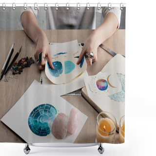 Personality  Cropped View Of Astrologer Holding Watercolor Paintings With Zodiac Signs On Cards By Candles And Crystals On Table  Shower Curtains