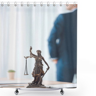 Personality  Close-up View Of Lady Justice Statue And Lawyer Standing Behind  Shower Curtains