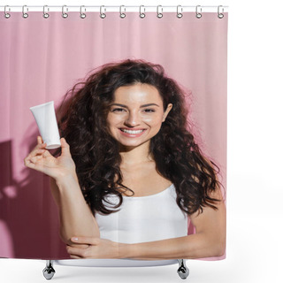 Personality  Cheerful Woman With Freckled Skin Holding Cream On Pink Background  Shower Curtains