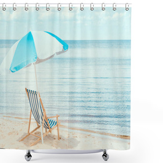 Personality  Sun Umbrella And Beach Chair On Sandy Shore Near The Sea Shower Curtains