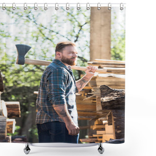 Personality  Bearded Lumberjack In Checkered Shirt With Tattooed Hand Holding Axe On Shoulder At Sawmill  Shower Curtains